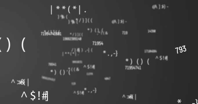 Digital image of multiple changing numbers and symbols floating against grey background