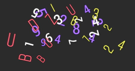 Digital image of multiple changing numbers and alphabets floating against black background