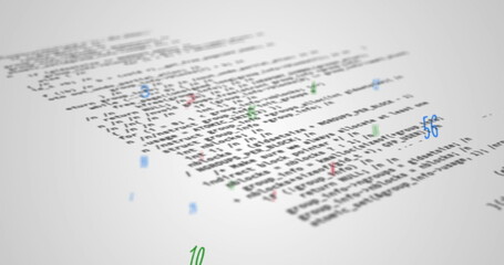 Digital image of multiple numbers and symbols floating against data processing on grey backgroun