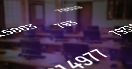 Digital composition of multiple changing numbers floating against empty classroom in background