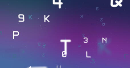 Changing numbers and alphabets floating against blue and purple gradient background