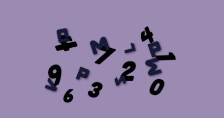 Digital image of changing numbers and alphabets floating against purple background