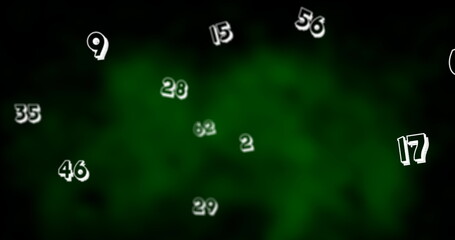 Digital image of multiple numbers floating against green and black background