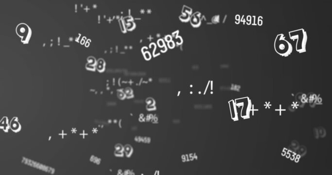 Digital image of changing numbers and symbols against multiple numbers floating on grey backgrou