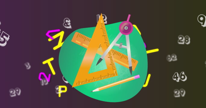 Digital image of geometrical equipment against changing numbers and alphabets on purple backgrou