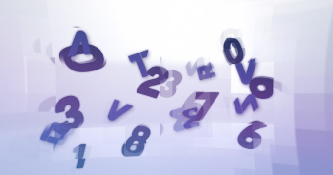 Digital image of changing numbers and alphabets moving against square shapes on white background