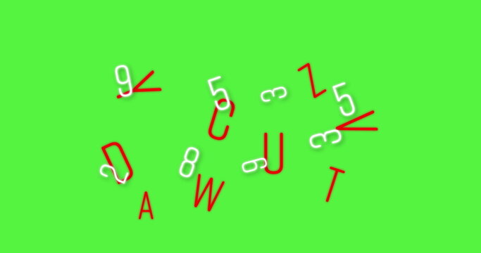 Digital image of multiple changing alphabets and numbers moving against green background