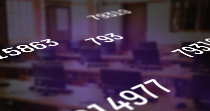 Digital composition of multiple changing numbers floating against empty classroom in background - Powered by Adobe