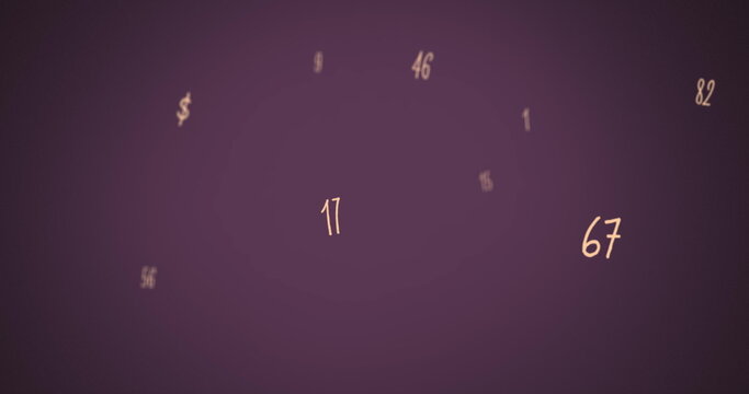 Digital image of multiple numbers and symbols floating against purple background