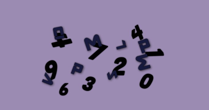 Digital image of changing numbers and alphabets floating against purple background