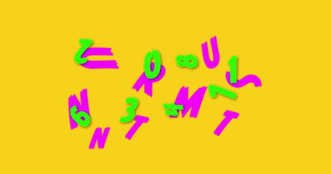 Digital image of changing numbers and alphabets floating against yellow background