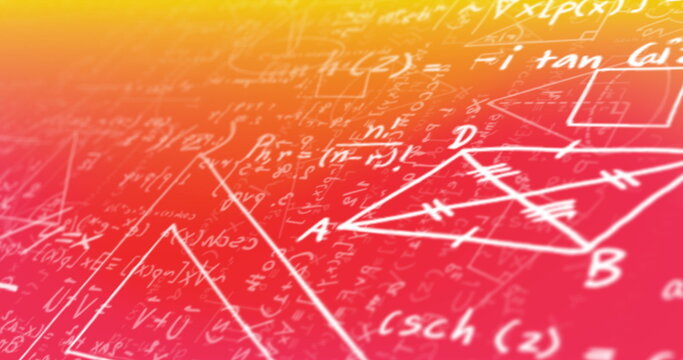 Mathematical diagrams and equations moving against orange and yellow gradient background
