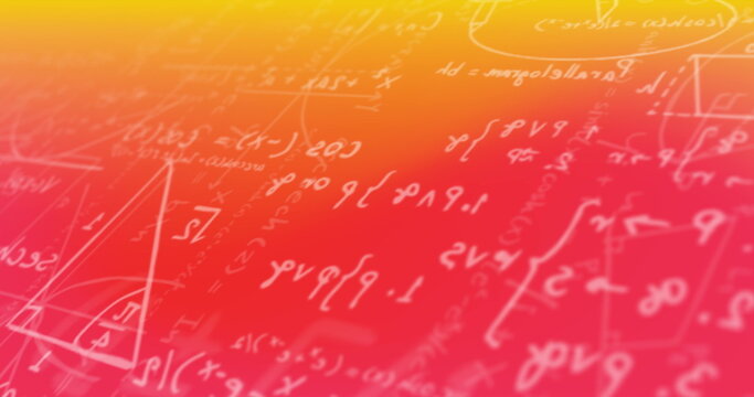 Mathematical diagrams and equations moving against orange and yellow gradient background - Powered by Adobe