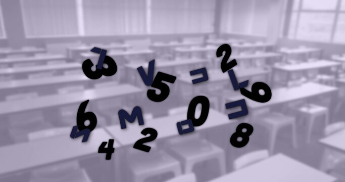 Digital composition of changing numbers and alphabets floating against empty classroom - Powered by Adobe