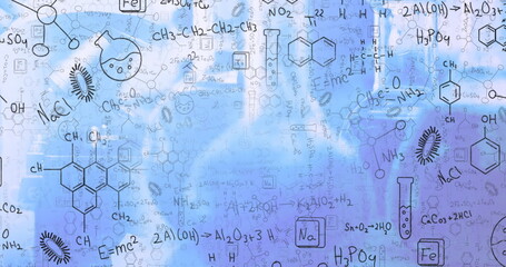 Digital image of chemical structures and equations floating against blue background