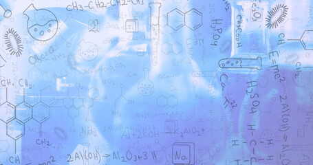 Digital image of chemical structures and equations floating against blue background