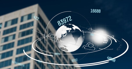 Digital composition of changing numbers over globe spinning against tall building