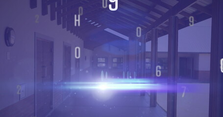 Digital composition of changing numbers and alphabets against empty school corridor