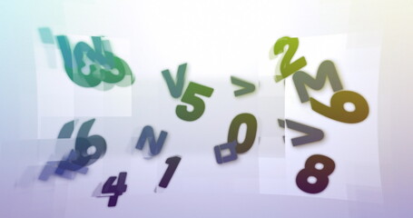 Digital image of changing numbers over square shapes on white background