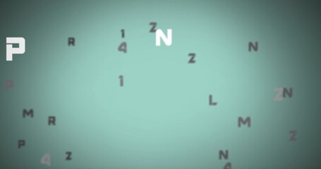 Digital image of changing numbers and alphabets floating against green background