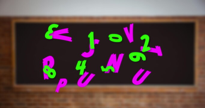 Digital composition of changing alphabets and numbers against black board in school