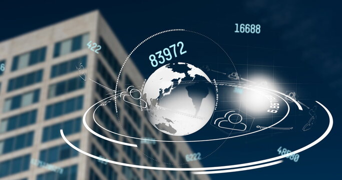 Digital composition of changing numbers over globe spinning against tall building
