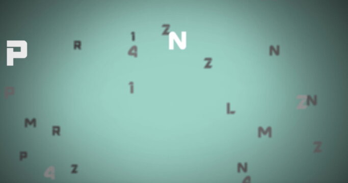 Digital image of changing numbers and alphabets floating against green background - Powered by Adobe