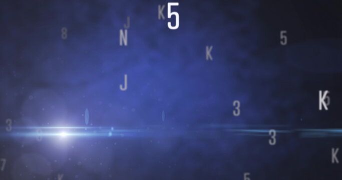 Digital image of multiple changing numbers and alphabets and spot of light against blue backgrou