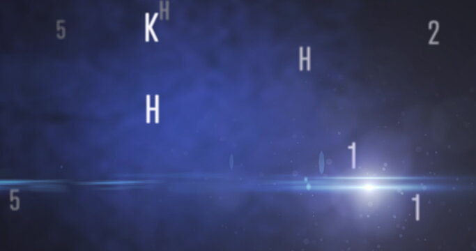 Digital image of multiple changing numbers and alphabets and spot of light against blue backgrou