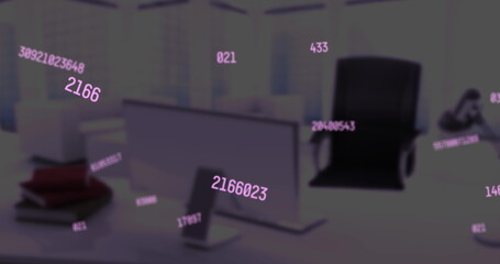Digital composition of changing numbers floating over empty office in background