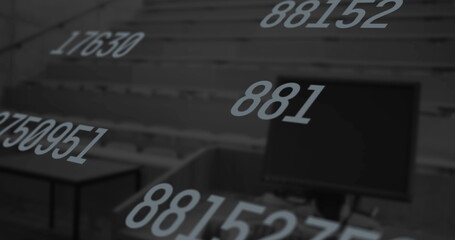 Image of multiple numbers changing over computer and empty university room