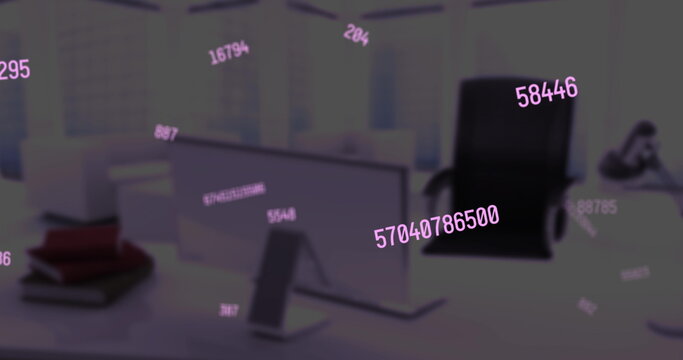 Digital composition of changing numbers floating over empty office in background - Powered by Adobe