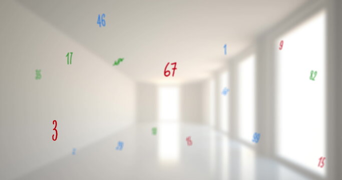 Digital composition of mathematical numbers and symbols floating against empty school corridor