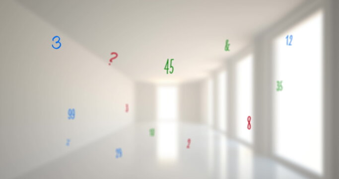 Digital composition of mathematical numbers and symbols floating against empty school corridor