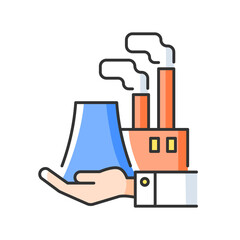 Manufacturing RGB color icon. Plants and ownership. Production of goods. Electricity by a plant generation. Machine industry. Isolated vector illustration. Simple filled line drawing