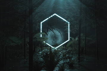 3d rendering of blue lighten hexagon shape surrounded by jungle trees