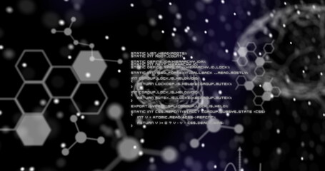 DNA structure forming against medical data processing on black background