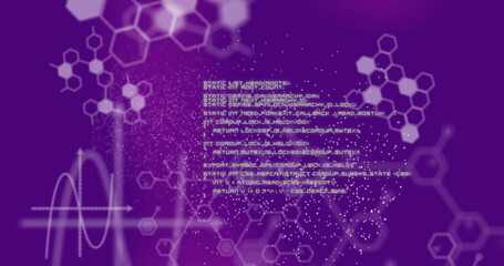 DNA structure forming against medical data processing on purple background