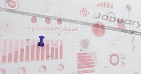Coronavirus digital interface against push pins marking on calendar