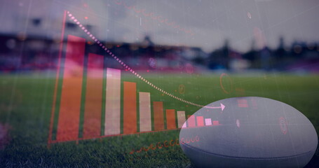 Coronavirus digital interface against rugby ball in sports stadium
