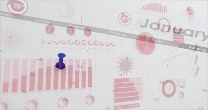 Coronavirus digital interface against push pins marking on calendar