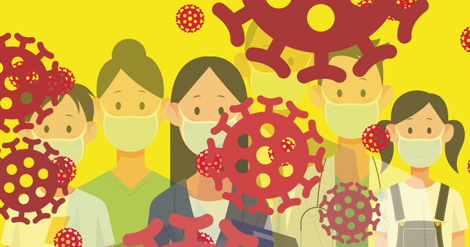 Covid-19 Cells Icons Against Multiple People Wearing Face Masks On Yellow Background