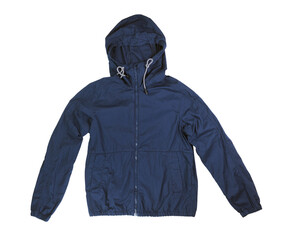 Jacket isolated on white background.Mens blue jacket in a hood isolated on a white background. Windbreaker jacket. Casual style. © lial88