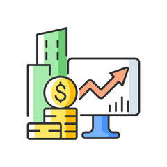 Company stock RGB color icon. Public market. Capital gain. Income increment monitoring. Trading exchange. Business fraction ownership. Isolated vector illustration. Simple filled line drawing