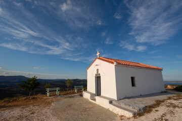little church and sea panorama from the heights of Keratea at sunset in Athens in Greece