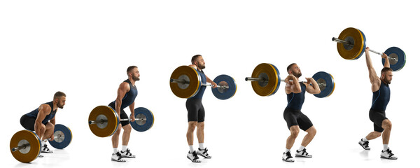 In motion. Young male weightlifter training isolated over white background. Flyer
