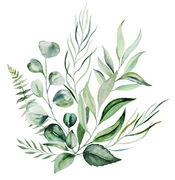Watercolor botanical green leaves bouquet illustration