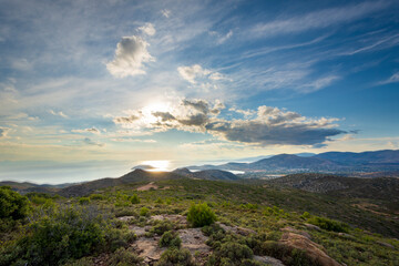 sea panorama from the heights of Keratea at sunset in Athens in Greece