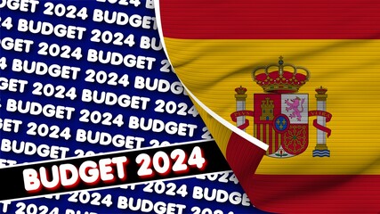 Spain Realistic Flag with Budget 2024 Title Fabric Texture Effect 3D Illustration