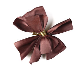Shiny brown satin ribbon and bow isolated on white background, with clipping path